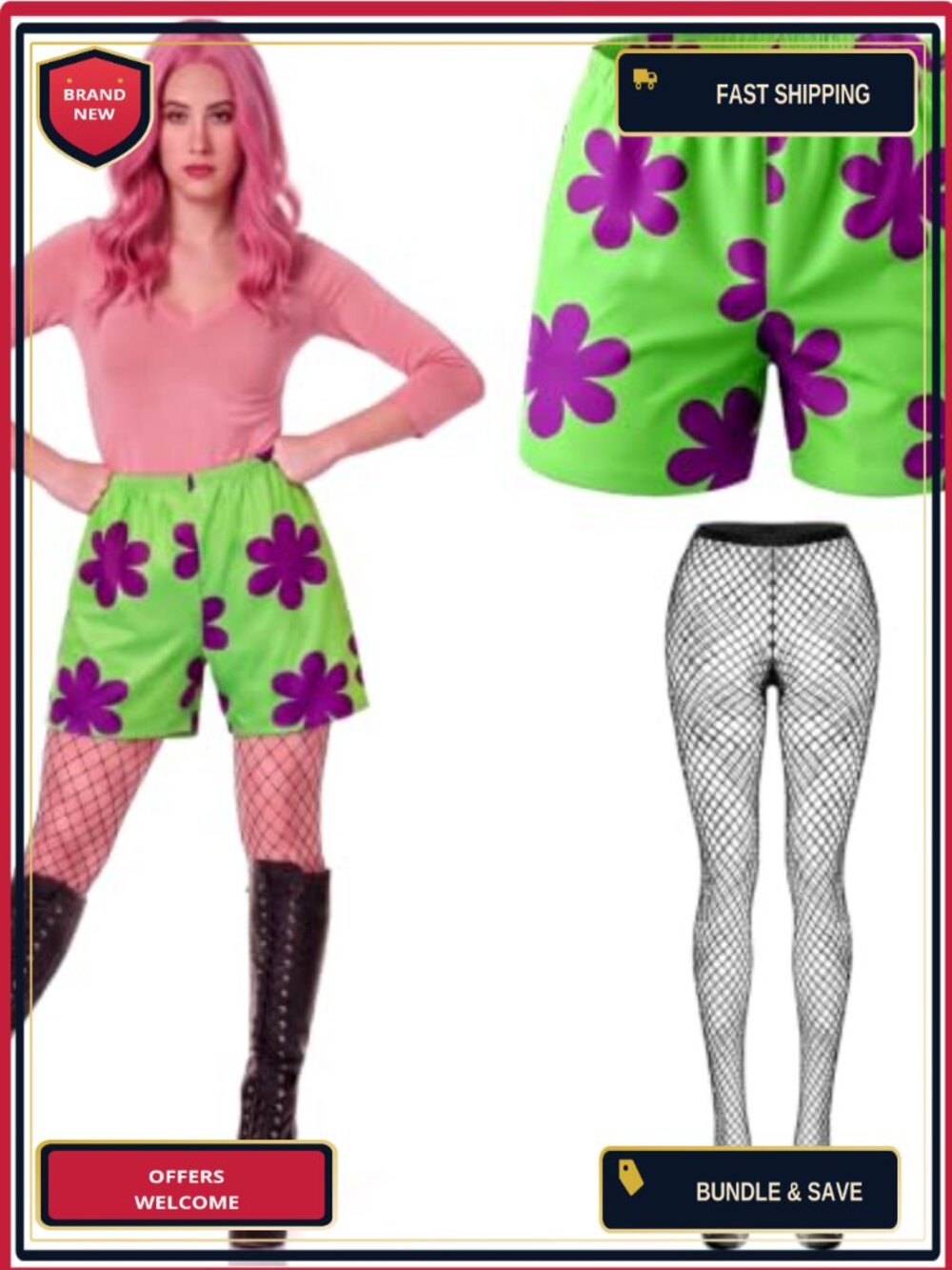 Halloween Board Shorts & Fishnet Stockings Costume Set Quick Dry Mesh